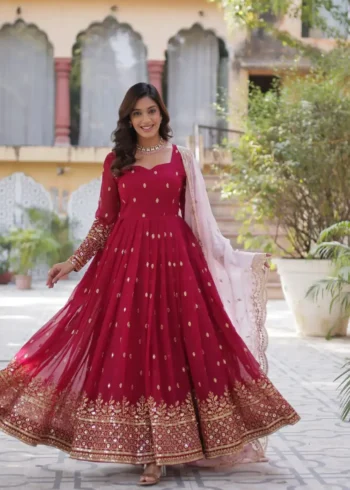 Red Faux Blooming With Embroidery Zari Sequins Work Designer Readymade Gown