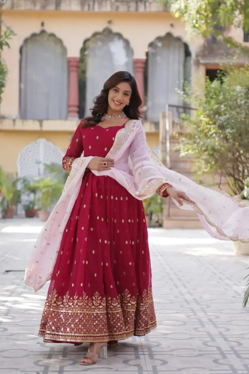Red Faux Blooming With Embroidery Zari Sequins Work Designer Readymade Gown