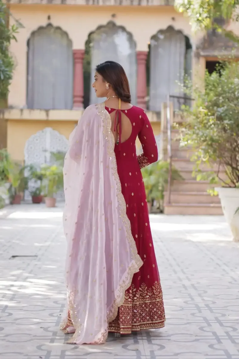 Red Faux Blooming With Embroidery Zari Sequins Work Designer Readymade Gown