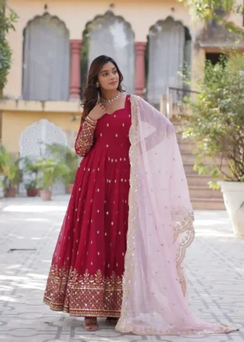 Red Faux Blooming With Embroidery Zari Sequins Work Designer Readymade Gown