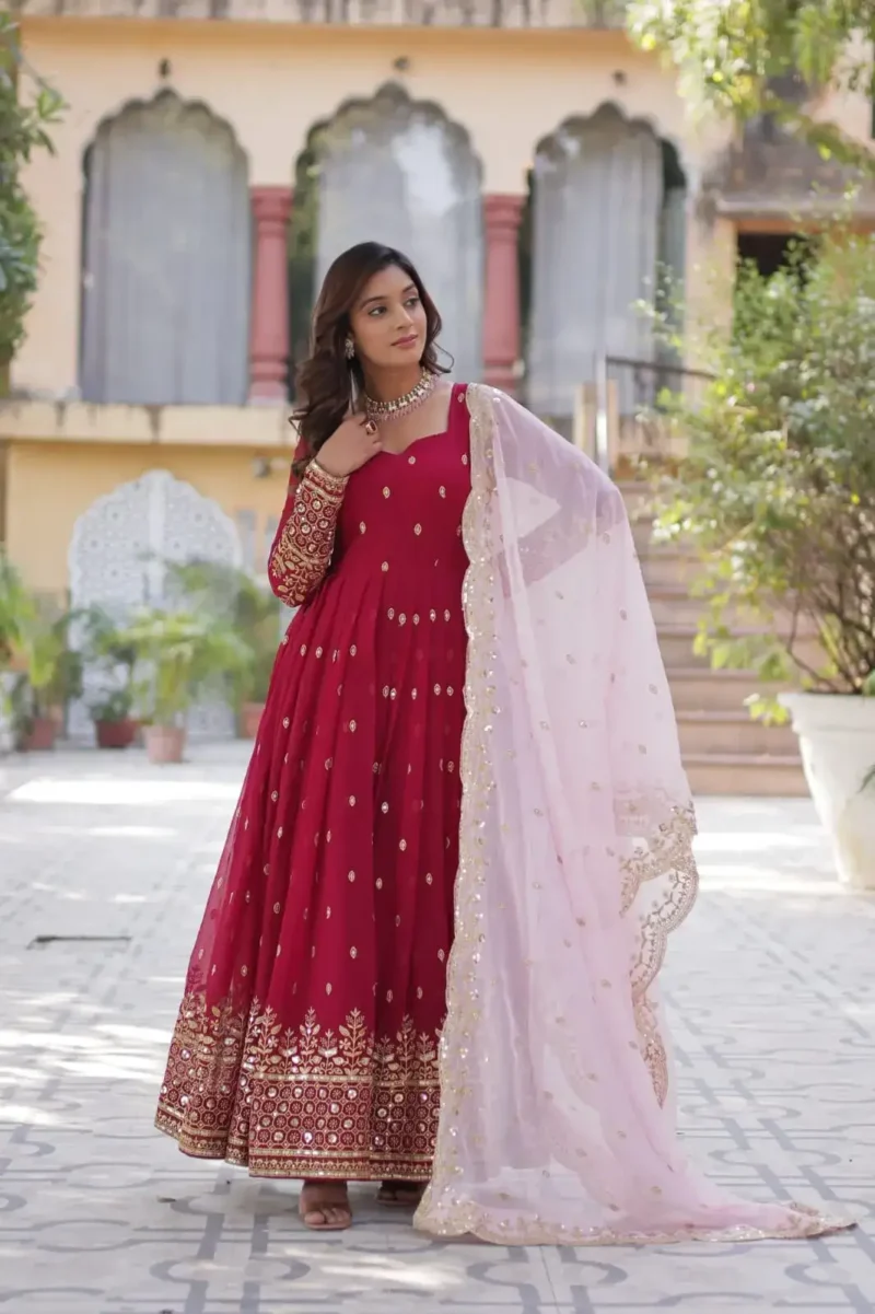Red Faux Blooming With Embroidery Zari Sequins Work Designer Readymade Gown