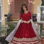 Red Faux Blooming With Embroidery Zari Sequins Work Designer Readymade Gown