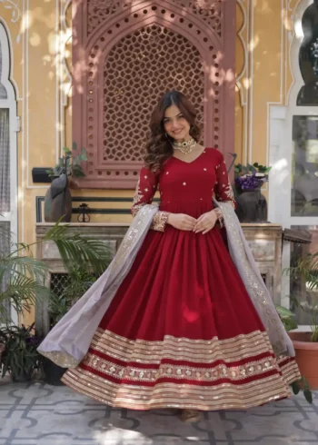 Red Faux Blooming With Embroidery Zari Sequins Work Designer Readymade Gown