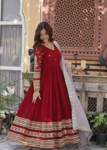 Red Faux Blooming With Embroidery Zari Sequins Work Designer Readymade Gown