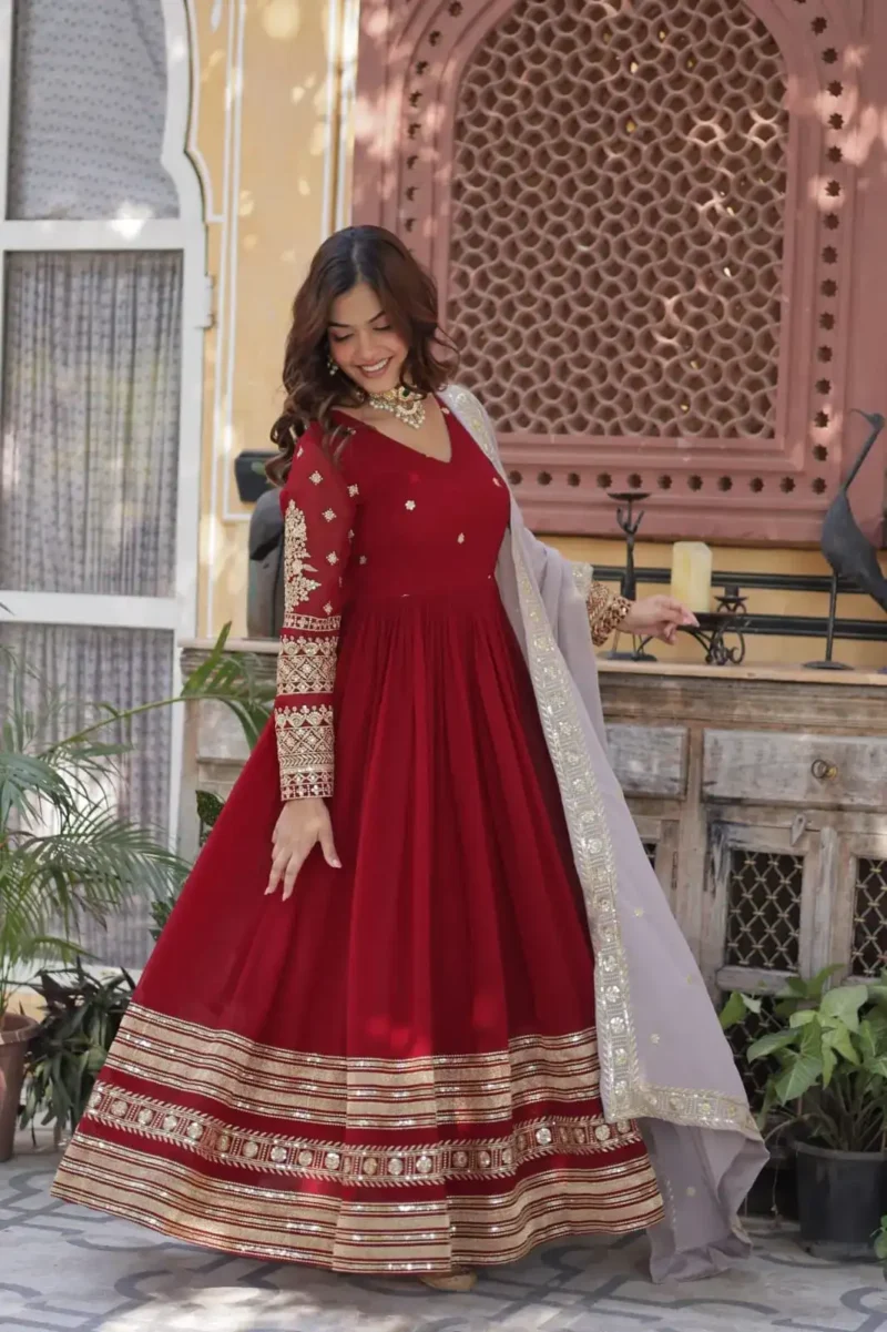 Red Faux Blooming With Embroidery Zari Sequins Work Designer Readymade Gown