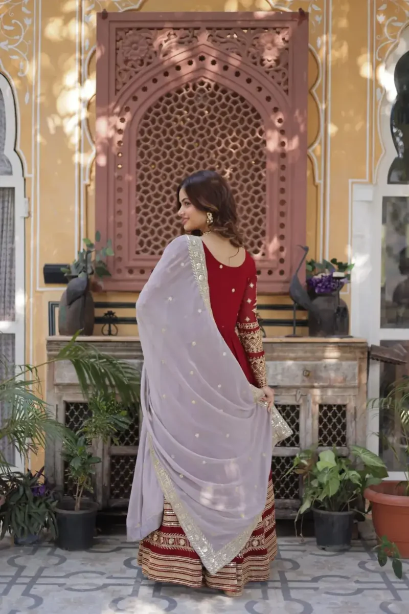 Red Faux Blooming With Embroidery Zari Sequins Work Designer Readymade Gown