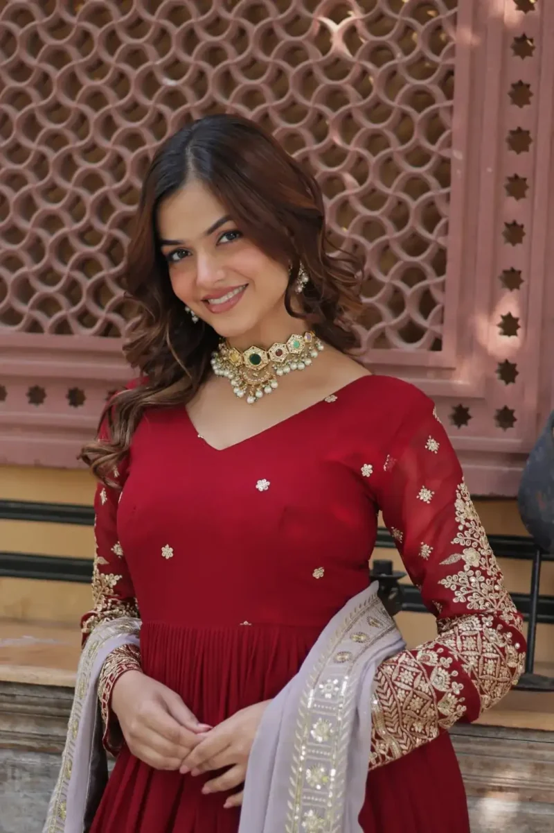 Red Faux Blooming With Embroidery Zari Sequins Work Designer Readymade Gown