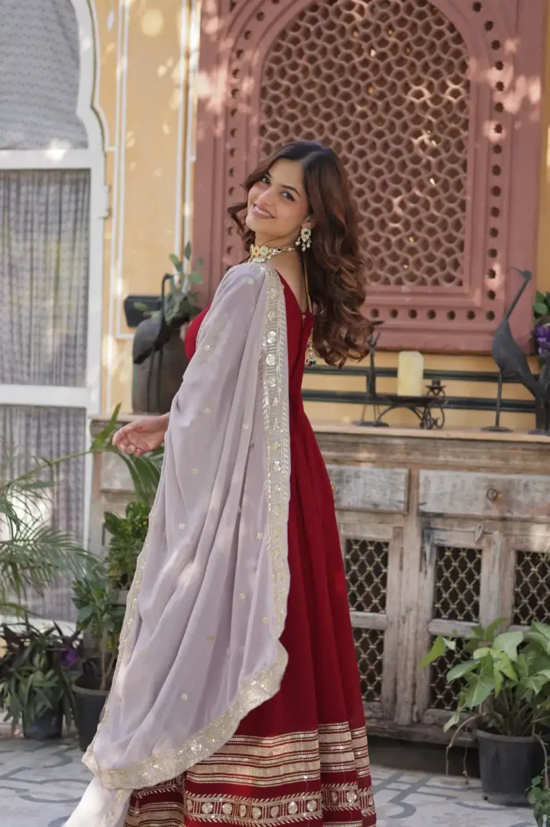 Red Faux Blooming With Embroidery Zari Sequins Work Designer Readymade Gown