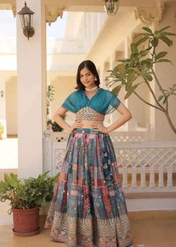 Russian Silk Rich Digital Printed With Foil Embroidery Work Western Lehenga Choli