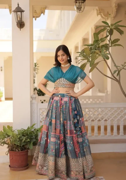 Russian Silk Rich Digital Printed With Foil Embroidery Work Western Lehenga Choli