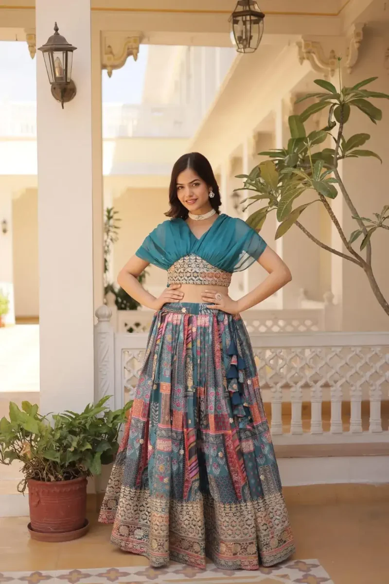 Russian Silk Rich Digital Printed With Foil Embroidery Work Western Lehenga Choli