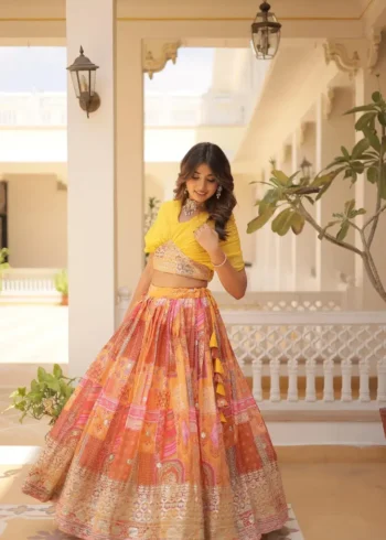 Russian Silk Rich Digital Printed With Foil Embroidery Work Western Lehenga Choli