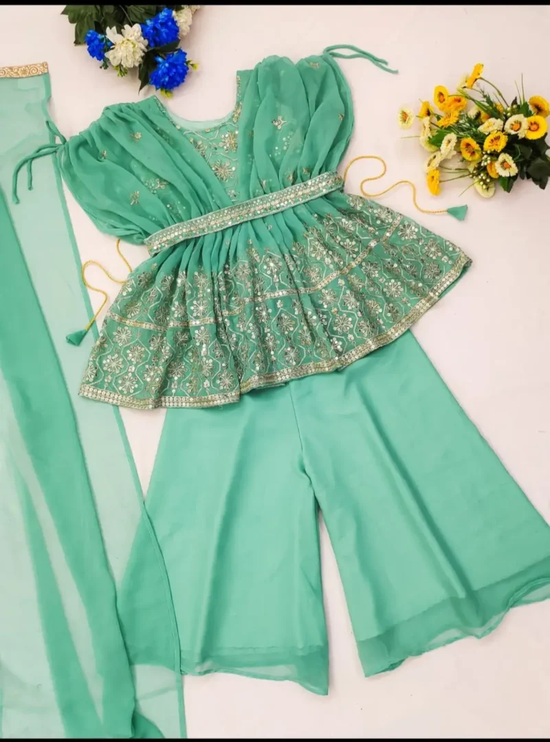 Sequins Embroidered With Cut Work Stitched Designer Partywear Top Palazzo for Kids