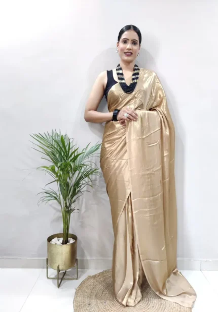 Shimmer Satin Silk Party Wear Saree With Stitched Blouse