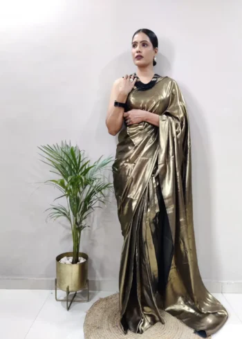 Shimmer Satin Silk Party Wear Saree With Stitched Blouse