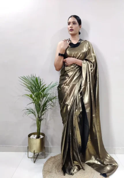 Shimmer Satin Silk Party Wear Saree With Stitched Blouse