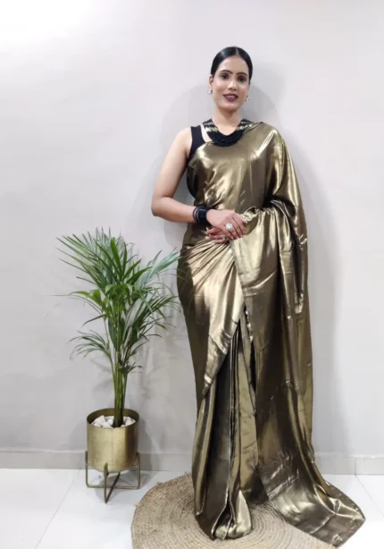 Shimmer Satin Silk Party Wear Saree With Stitched Blouse