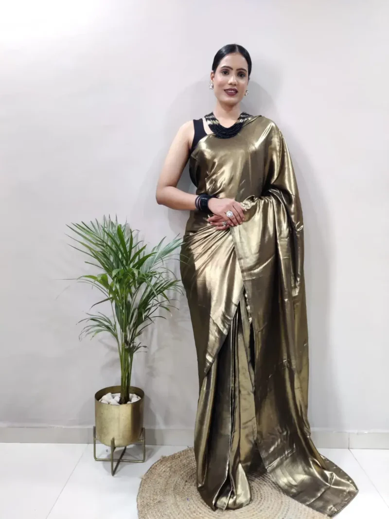 Shimmer Satin Silk Party Wear Saree With Stitched Blouse