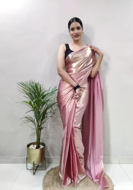 Shimmer Satin Silk Party Wear Saree With Stitched Blouse