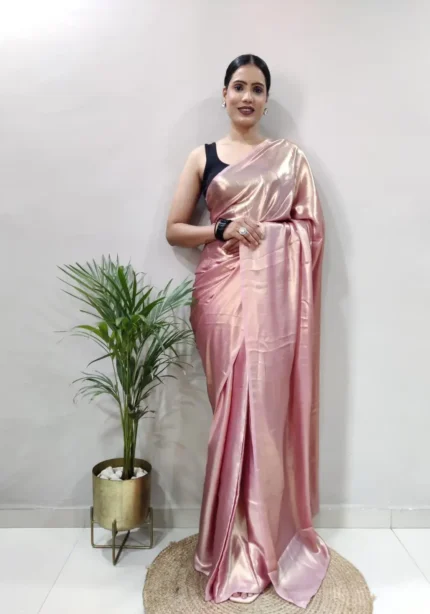 Shimmer Satin Silk Party Wear Saree With Stitched Blouse