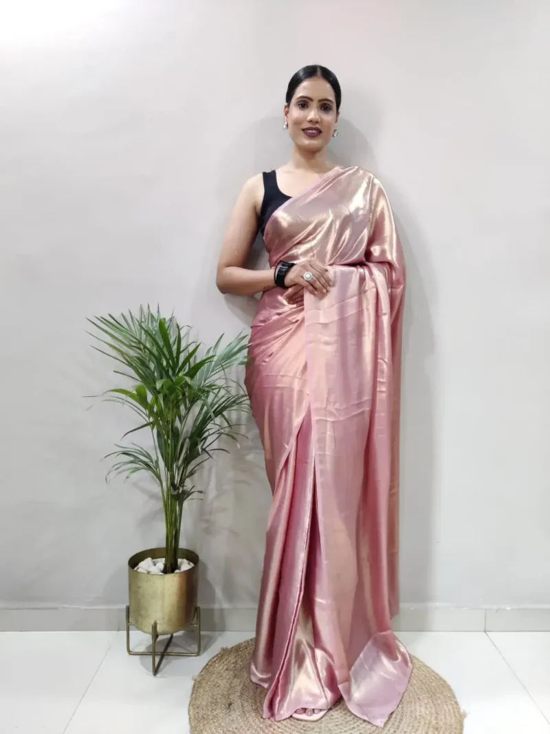 Shimmer Satin Silk Party Wear Saree With Stitched Blouse