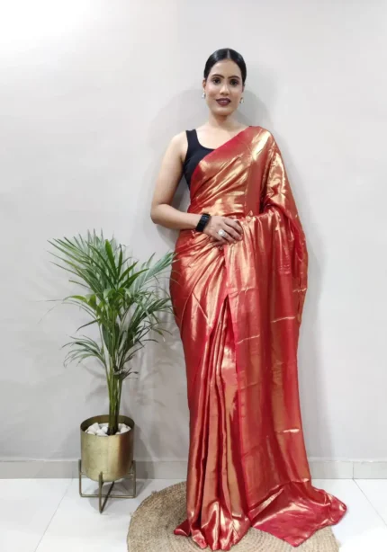 Shimmer Satin Silk Party Wear Saree With Stitched Blouse