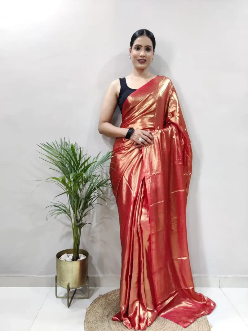 Shimmer Satin Silk Party Wear Saree With Stitched Blouse