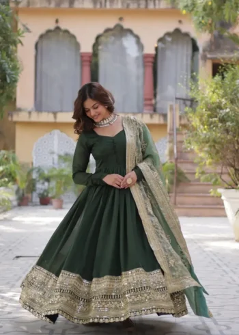 Shimmer Vichitra Rich Sequins Embroidered Work Gown With Dupatta