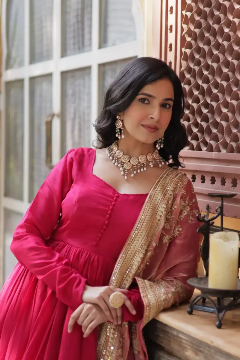 Shimmer Vichitra Rich Sequins Embroidered Work Gown With Dupatta