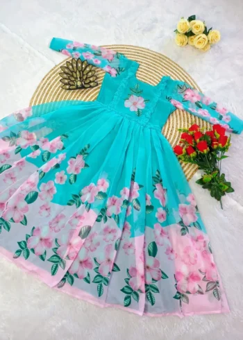 Premium Soft Organza Digital Printed Partywear Midi Dress Frock
