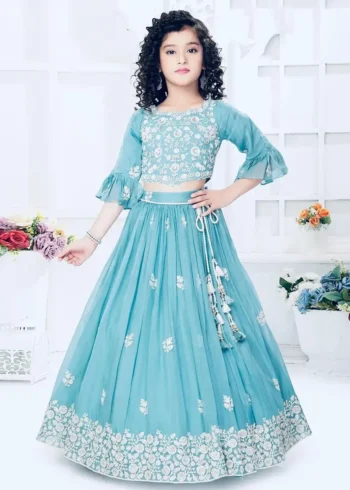 Sky Blue Embroidery Work Lehenga Choli for Kids