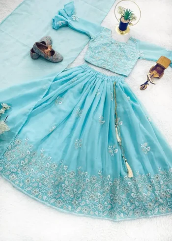 Sky Blue Embroidery Work Lehenga Choli for Kids