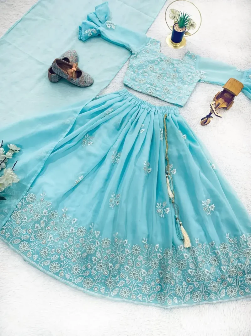 Sky Blue Embroidery Work Lehenga Choli for Kids