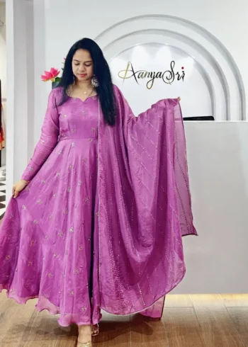Smooth Chinon Silk Zari Sequence Embroidery Work Designer Gown