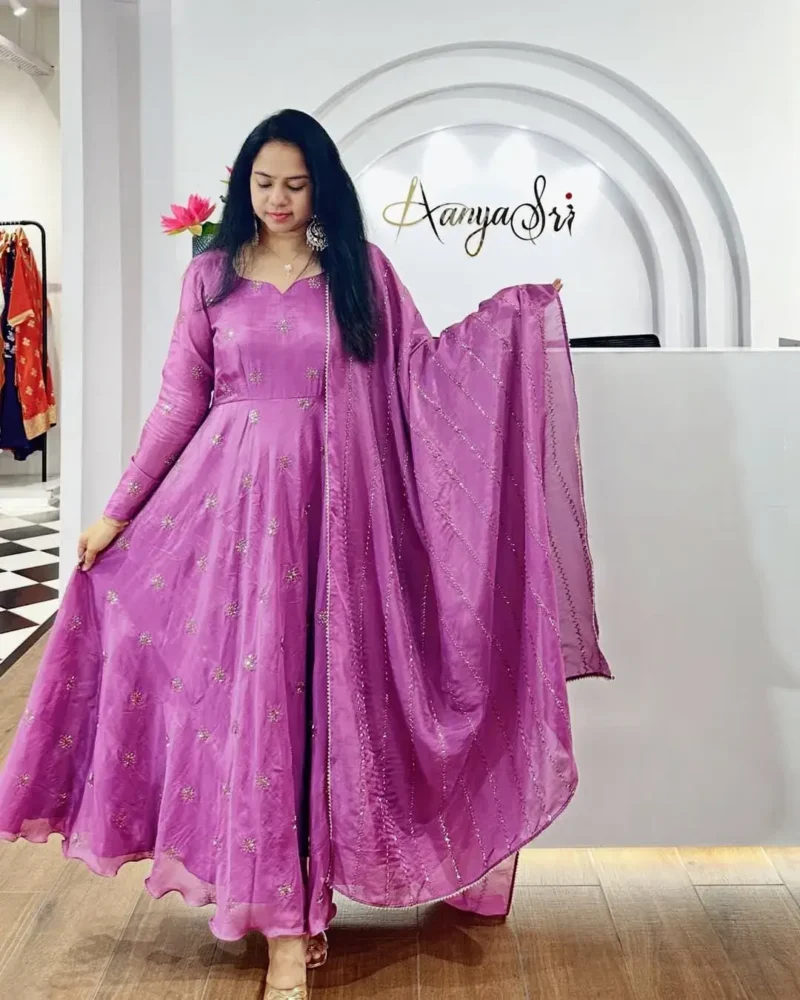 Smooth Chinon Silk Zari Sequence Embroidery Work Designer Gown