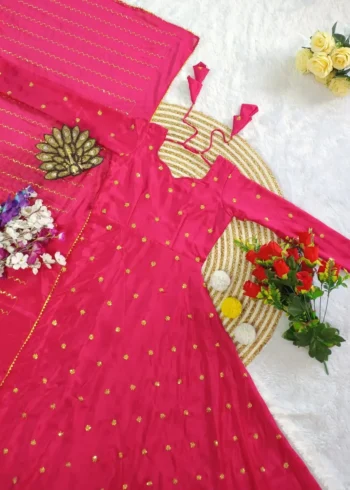 Smooth Chinon Silk Zari Sequence Embroidery Work Designer Gown