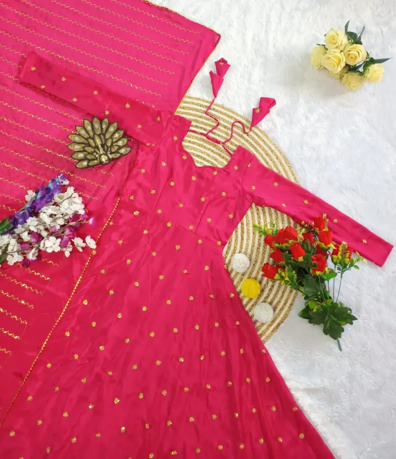 Smooth Chinon Silk Zari Sequence Embroidery Work Designer Gown
