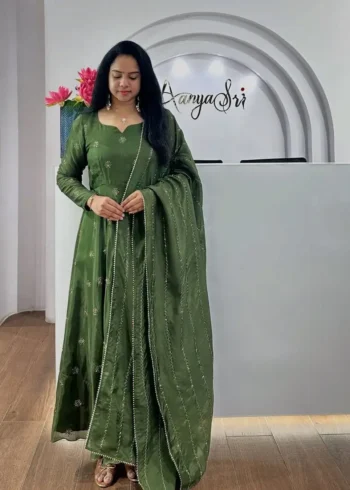 Smooth Chinon Silk Zari Sequence Embroidery Work Designer Gown