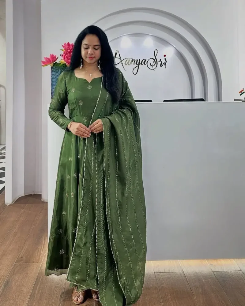 Smooth Chinon Silk Zari Sequence Embroidery Work Designer Gown