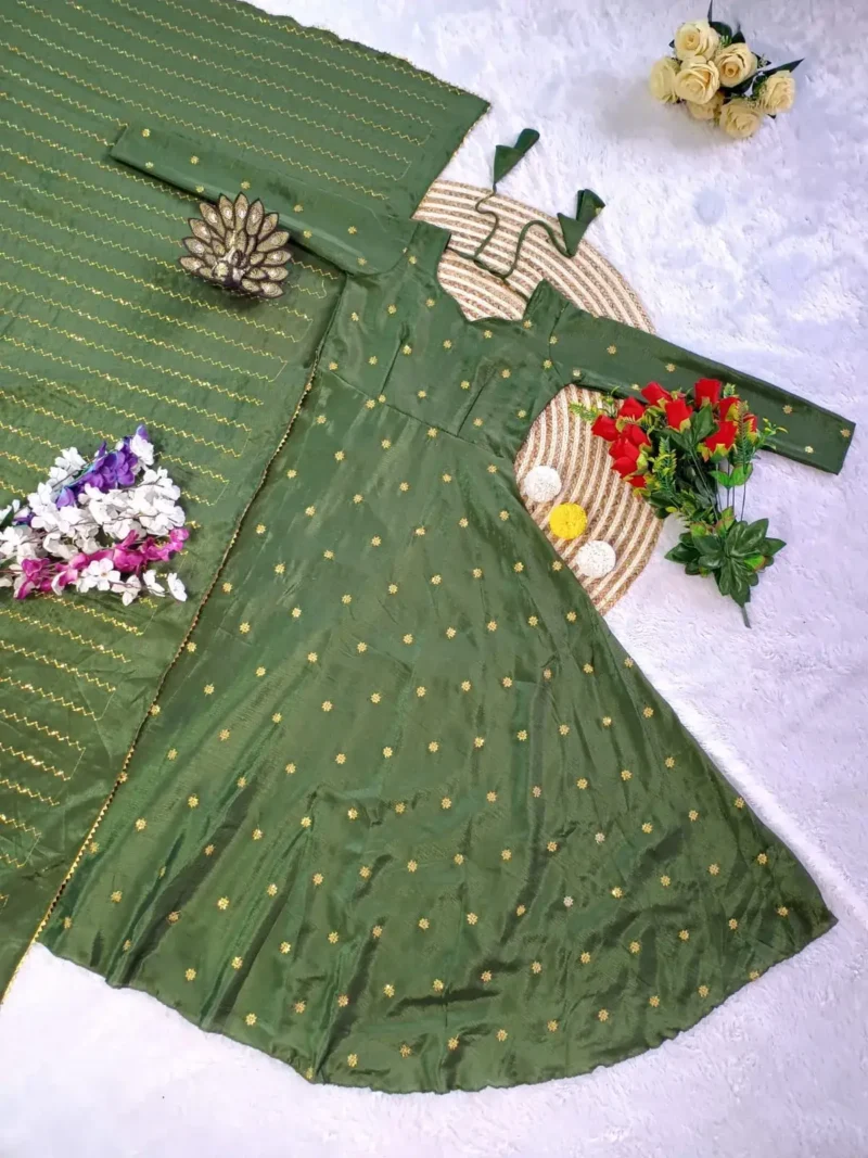 Smooth Chinon Silk Zari Sequence Embroidery Work Designer Gown