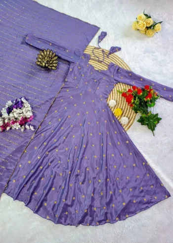 Smooth Chinon Silk Zari Sequence Embroidery Work Designer Gown