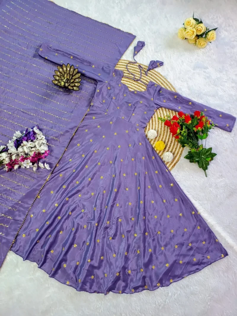 Smooth Chinon Silk Zari Sequence Embroidery Work Designer Gown