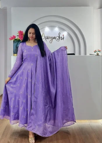 Smooth Chinon Silk Zari Sequence Embroidery Work Designer Gown