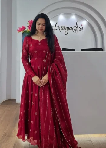 Smooth Chinon Silk Zari Sequence Embroidery Work Designer Gown