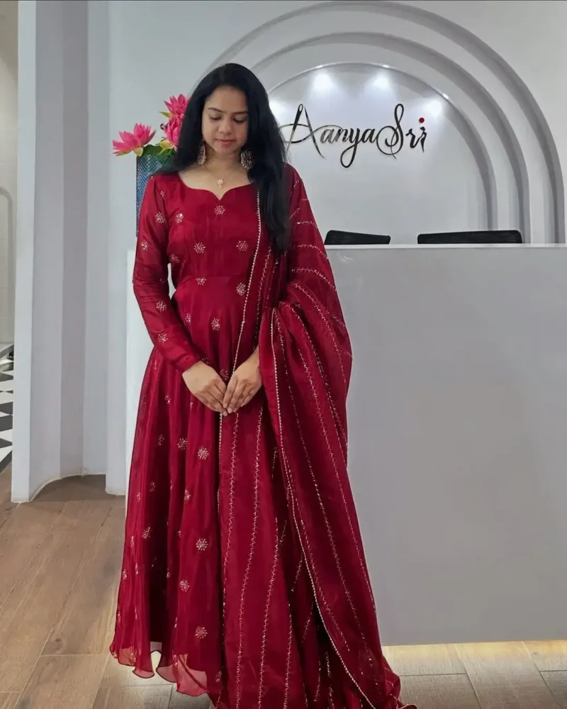Smooth Chinon Silk Zari Sequence Embroidery Work Designer Gown