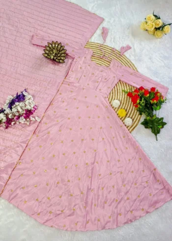 Smooth Chinon Silk Zari Sequence Embroidery Work Designer Gown