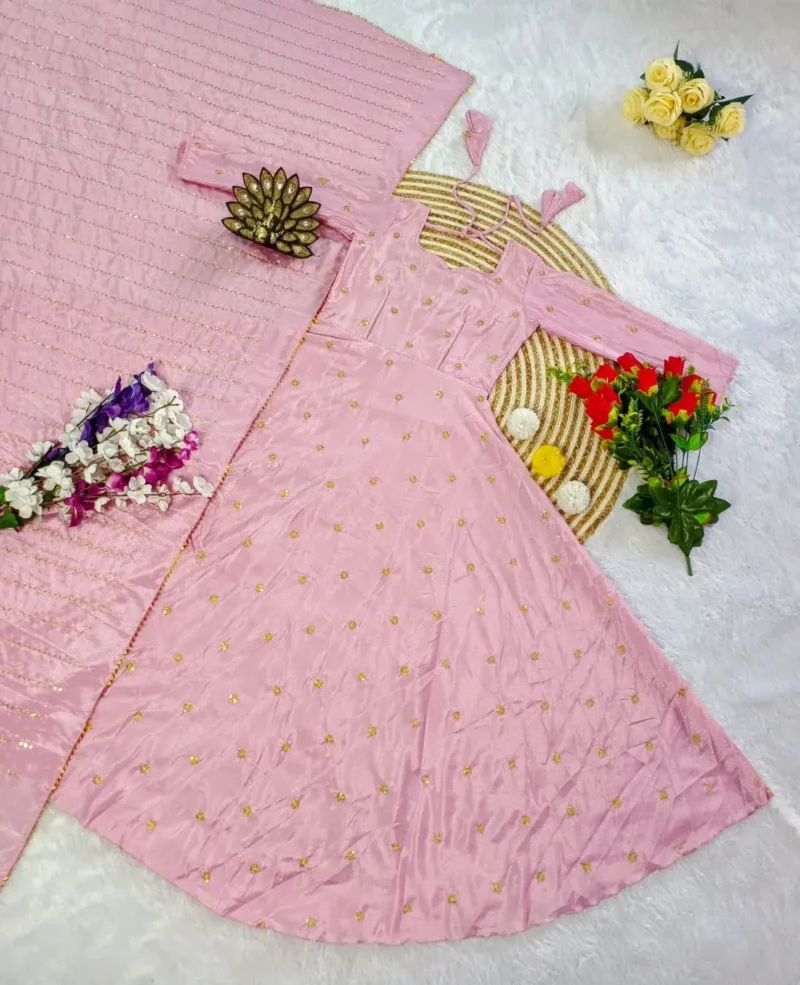 Smooth Chinon Silk Zari Sequence Embroidery Work Designer Gown