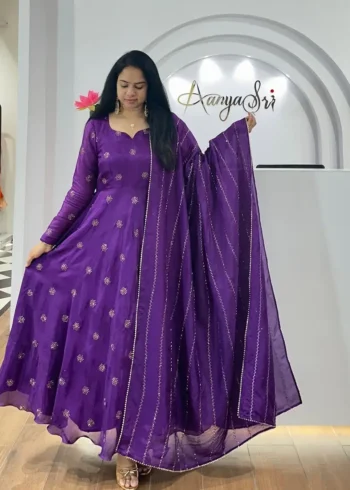 Smooth Chinon Silk Zari Sequence Embroidery Work Designer Gown