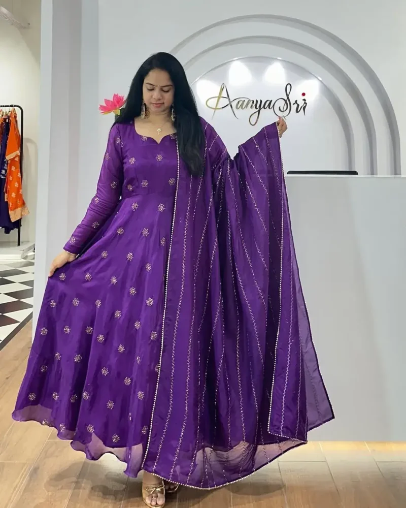 Smooth Chinon Silk Zari Sequence Embroidery Work Designer Gown