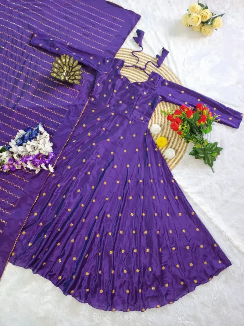 Smooth Chinon Silk Zari Sequence Embroidery Work Designer Gown